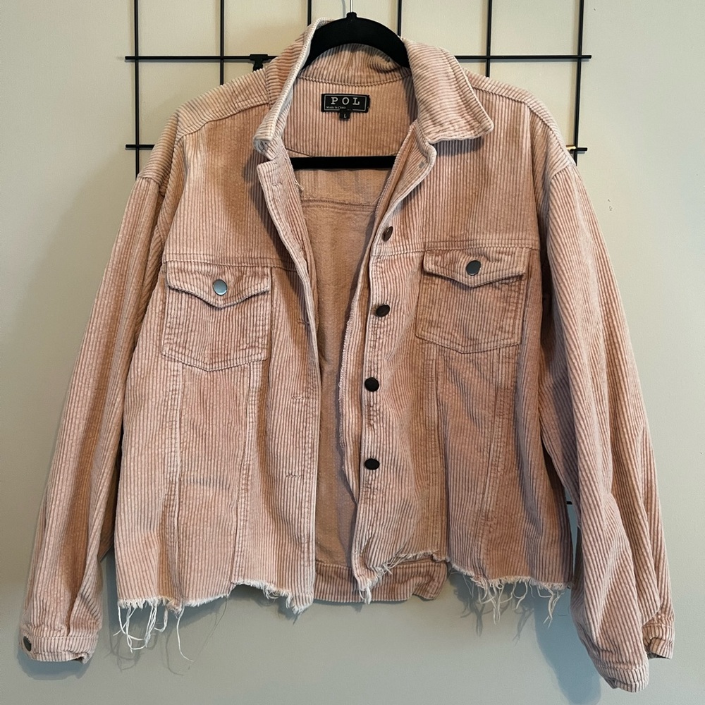 POL. Soft pink Corduroy Jacket. Fringe / Distressed / Cropped.
